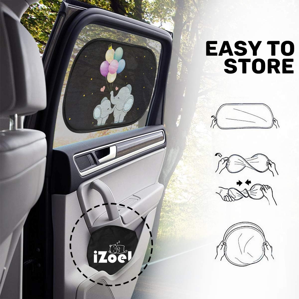 iZoeL Auto Sonnenschutz Kinder, Sonnenschutz Auto Baby, Auto Fenster Seitenscheibe Sonnenschutz Sonnenblende mit UV Schutz(Schwarz Elefant