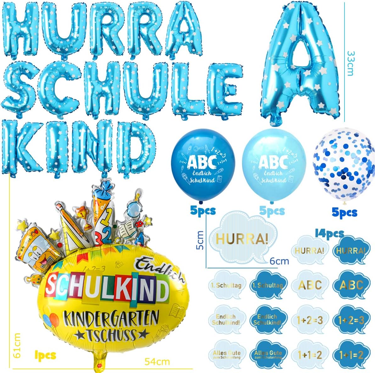 iZoeL Einschulung Deko Jungen Blau HURRA SCHULE Girlande + SCHULKIND Folienballon + 15 Schulanfang Luftballon + 14 Deko Konfetti Schuleinführung Einschulungsfeier Dekoration