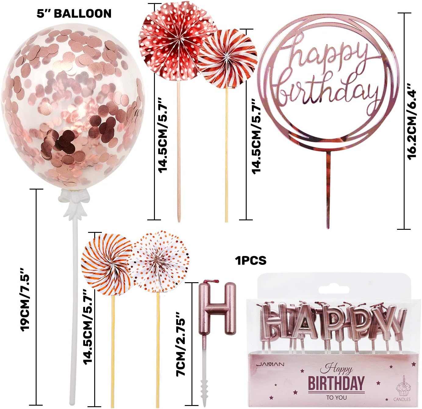 iZoeL Tortendeko Geburtstag Rosegold Happy Birthday Cake Topper Kerze Konfetti Luftballon Papierfächer Rosa Gold Kuchendeko