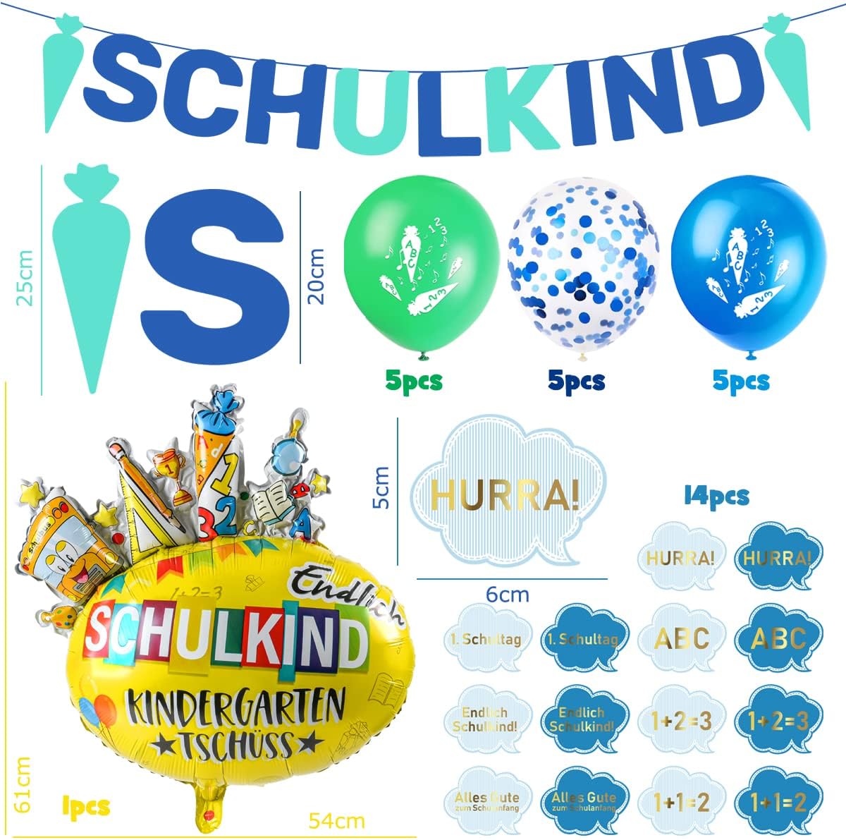iZoeL Einschulung Deko Jungen SCHULKIND Zuckertüte Girlande + Einschulung Folienballon + 15 Schulanfang Luftballon + 14 Deko Konfetti Schuleinführung Einschulungsfeier Dekoration