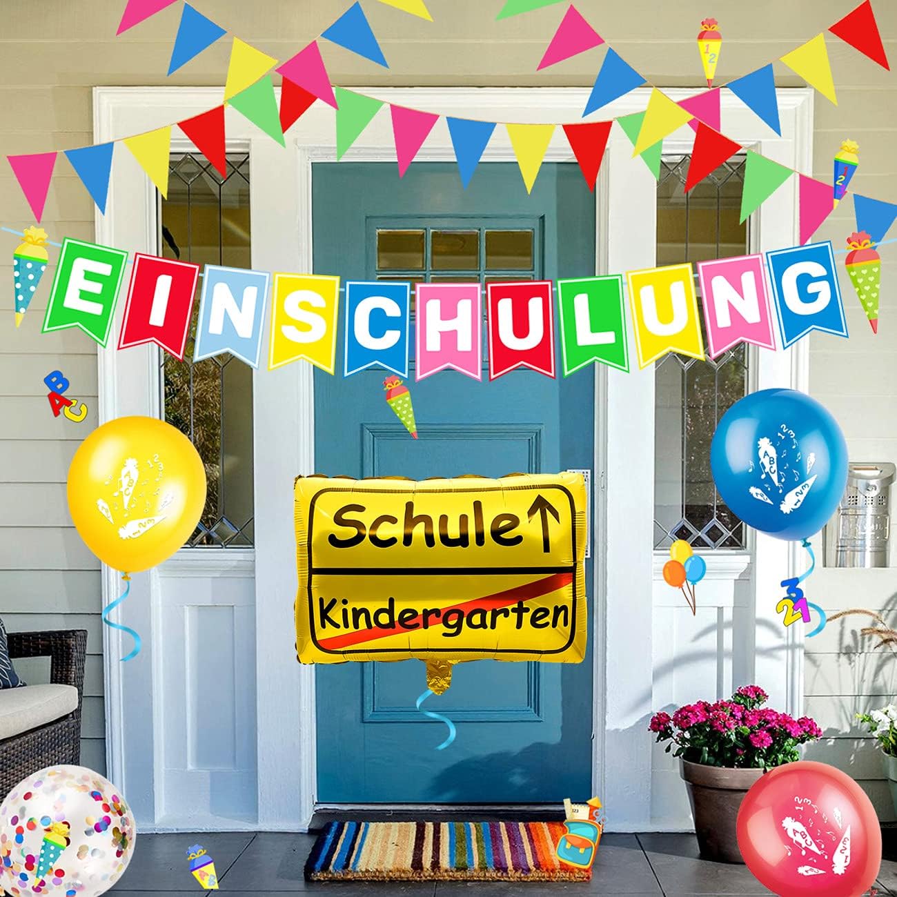 iZoeL Schulanfang Deko Jungen Mädchen, Einschulung Girlande Alles Gute Zum Schulanfang + 40m Wimpelkette + Einschulung Luftballon + Einschulung Konfetti + Folienballon