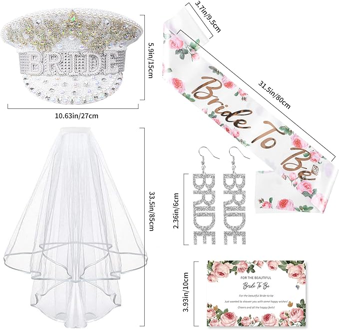 iZoeL Bride to be Hut JGA Brauthut Junggesellinnenabschied Set Frauen,JGA Dekoset Brautmütze Schirmmütze Bride to be Schärpe Schleier Ohrringe Bride Karte Bride Accessoires für Hochzeit Party (Weiß