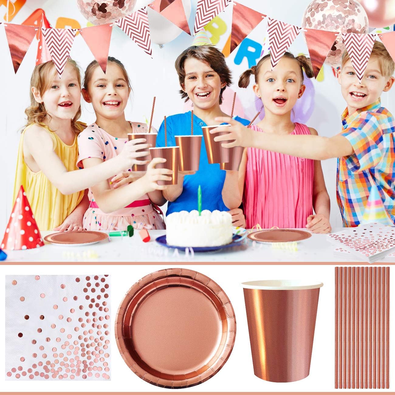 iZoeL Rosegold Partygeschirr Partydeko Pappteller Partybecher Servietten Strohhalme für 16 Gäste Girlande Tischdecke Vorhänge Luftballon für Geburtstag Hochzeit Party (Rosegold)
