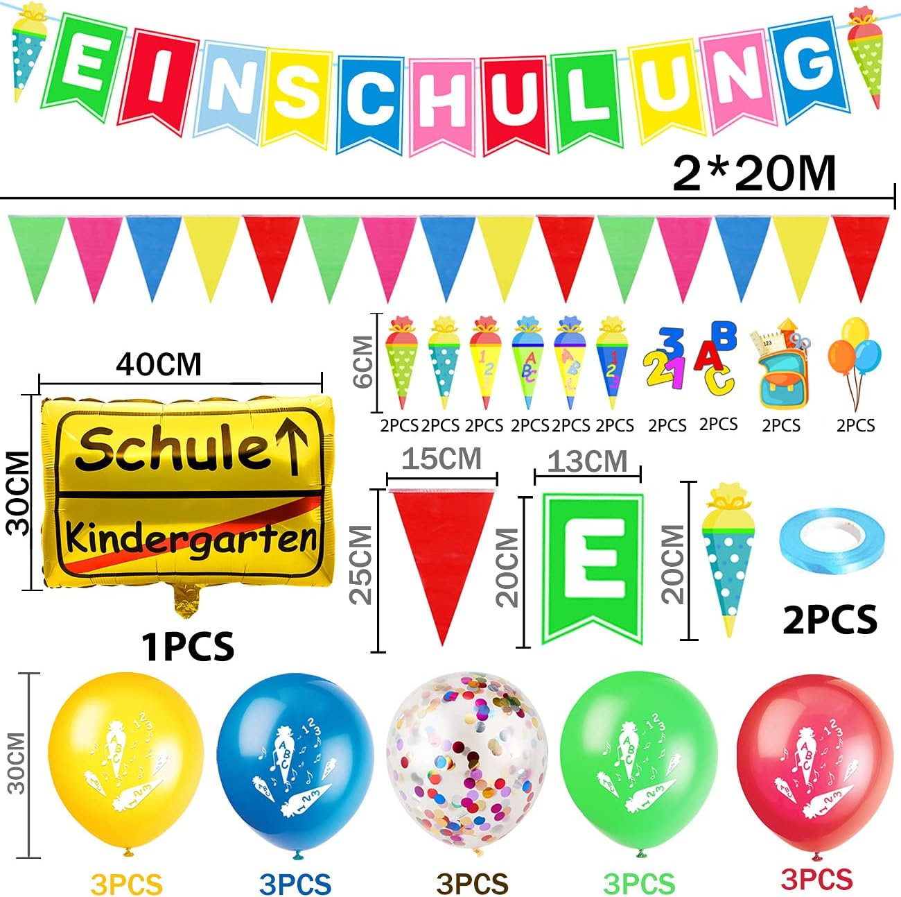 iZoeL Schulanfang Deko Jungen Mädchen, Einschulung Girlande Alles Gute Zum Schulanfang + 40m Wimpelkette + Einschulung Luftballon + Einschulung Konfetti + Folienballon
