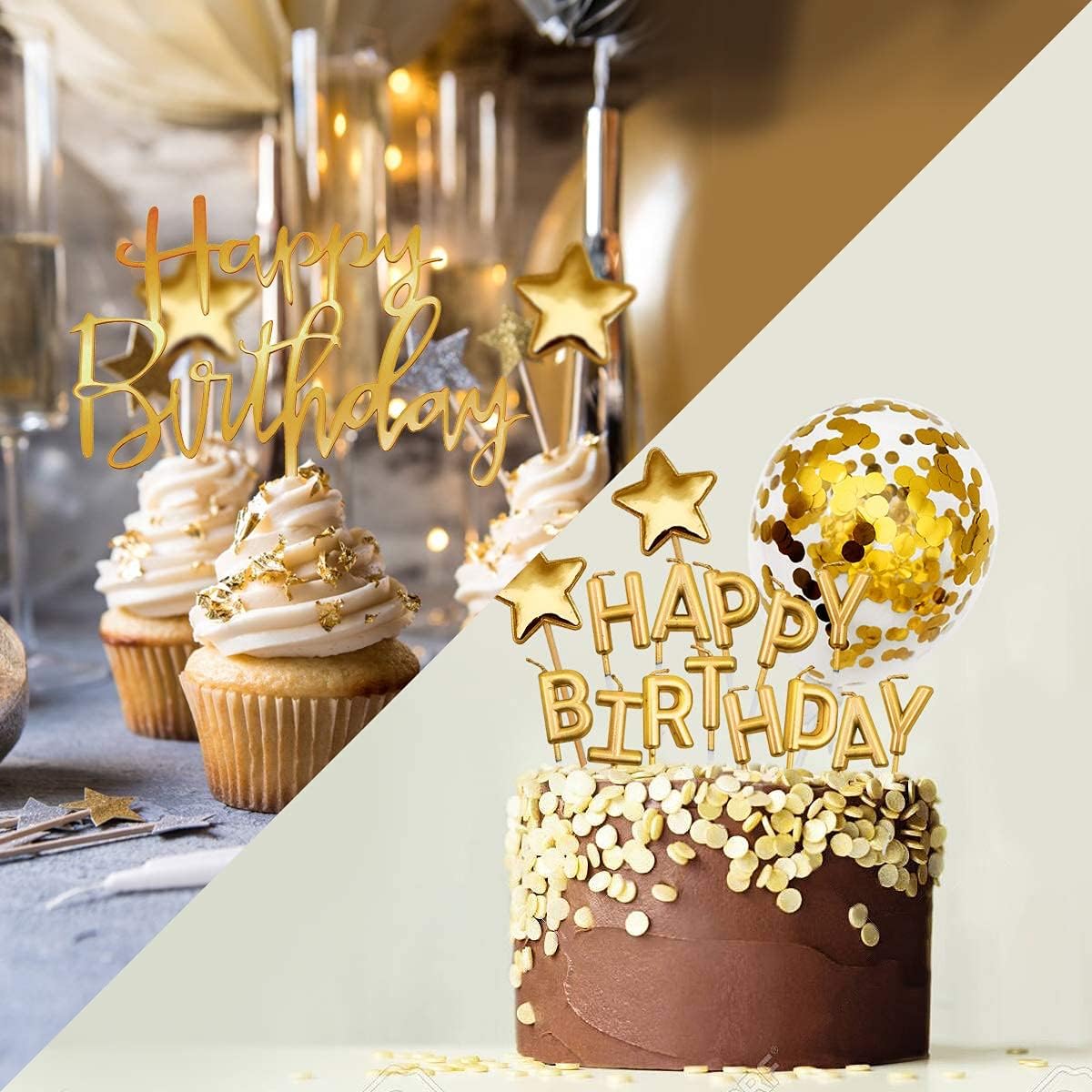 iZoeL Tortendeko Gold Happy Birthday Kerzen Konfetti Luftballon Sterne Cake Topper Kuchendeko Golde Geburtstag Dekoration