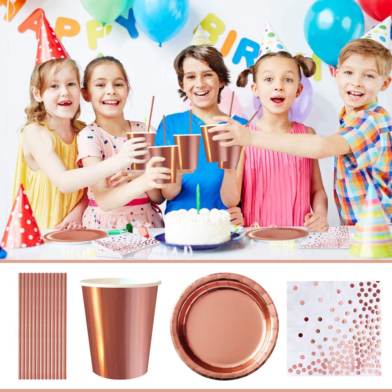 iZoeL 120 STK Rosegold Partygeschirr Set Pappteller Servietten Partybecher Papier Strohhalme je 30Stück für Geburtstag Hochzeit Party Tafeldeko