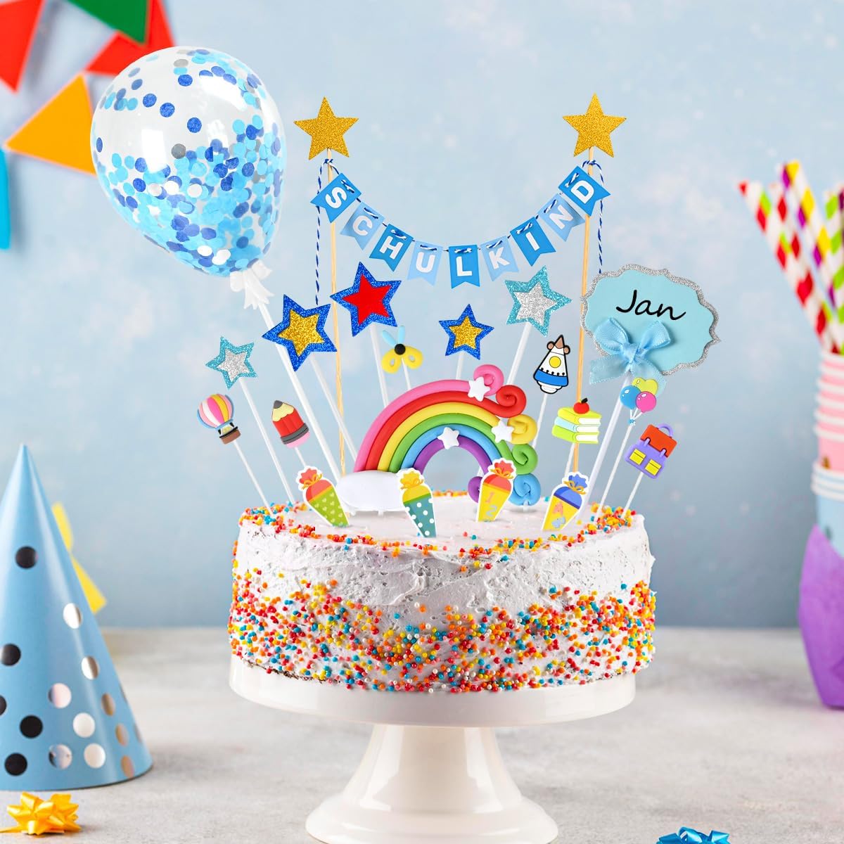 iZoeL Tortendeko Einschulung Junge Blau Schulkind Girlande Schulanfang Kuchendeko Zuckertüte Kuchen Deko ABC 123 Ballon Tortenaufsätze Torten Cupcake Muffin Topper