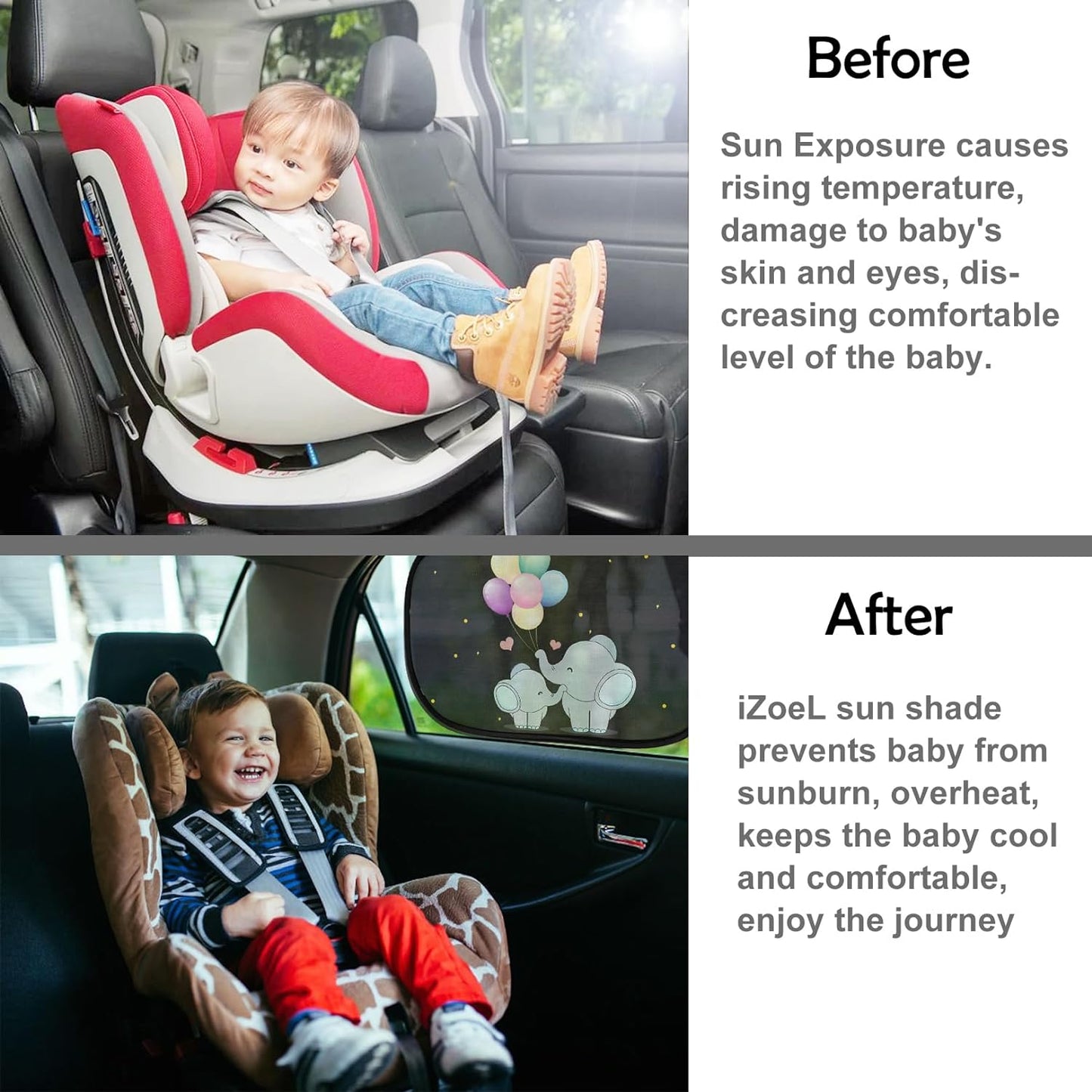 iZoeL Auto Sonnenschutz Kinder, Sonnenschutz Auto Baby, Auto Fenster Seitenscheibe Sonnenschutz Sonnenblende mit UV Schutz(Schwarz Elefant