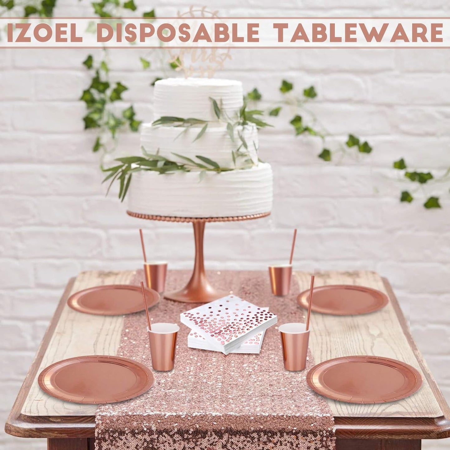 iZoeL 120 STK Rosegold Partygeschirr Set Pappteller Servietten Partybecher Papier Strohhalme je 30Stück für Geburtstag Hochzeit Party Tafeldeko