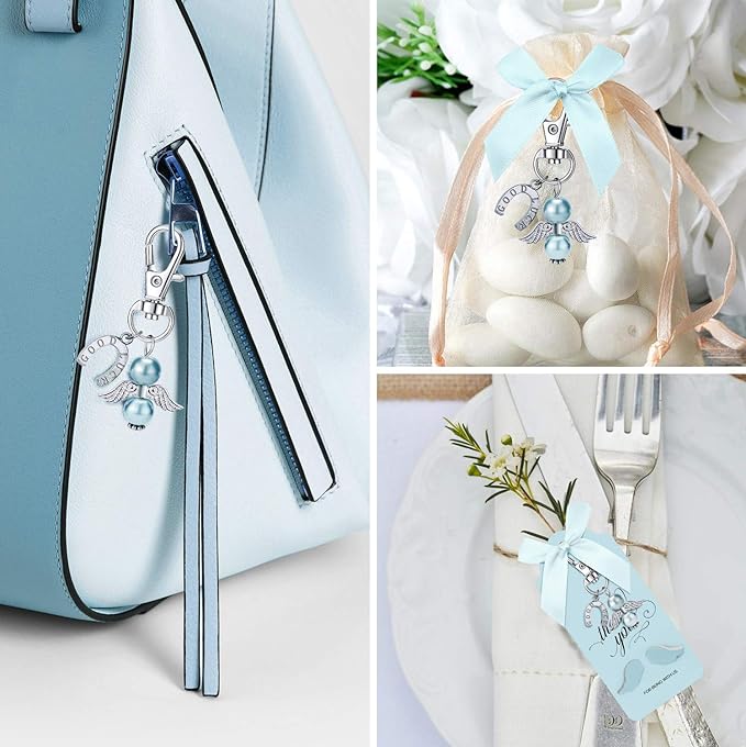 iZoel Dankeschön-Geschenk, blauer Engel, Schlüsselanhänger mit Schleifen und Engelsflügel, Dankeschön-Anhänger, Gastgeschenke für Babyparty, Brautparty, Hochzeitsanhänger, Partygeschenke 20 Stück