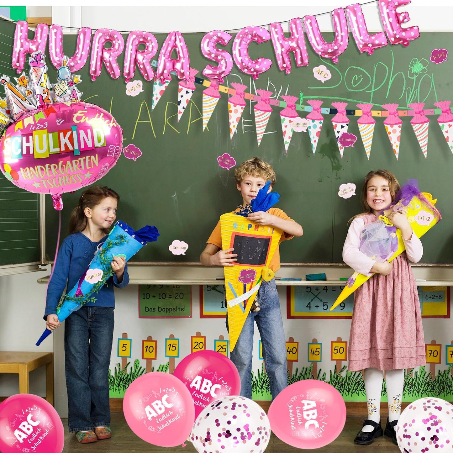 iZoeL SCHULKIND Deko Einschulung Mädchen, HURRA SCHULKIND Girlande + Zuckertüten Girlande + SCHULKIND Folienballon + 15 Luftballon + 16 Konfetti Schulanfang Schuleinführung Deko