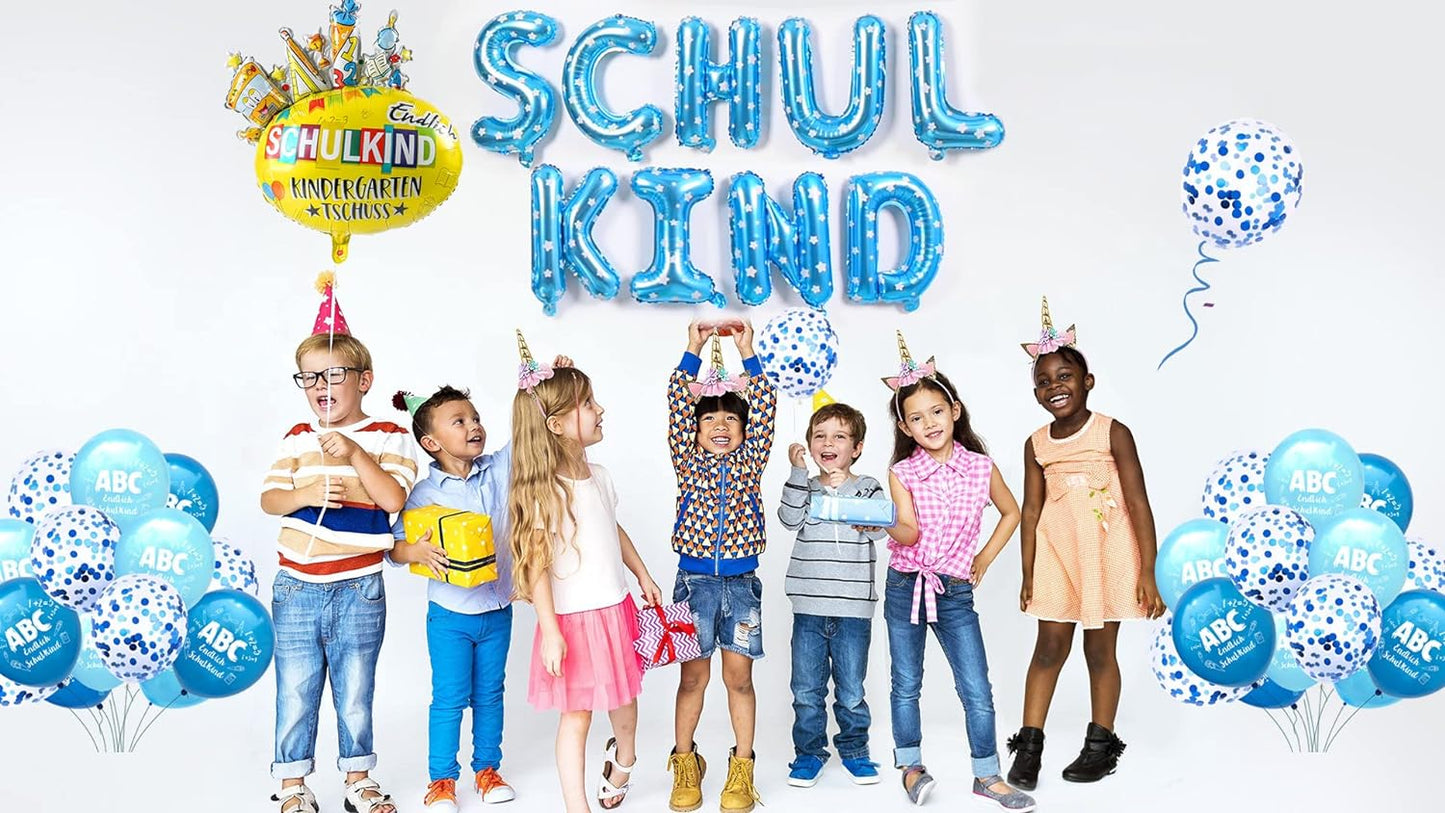 iZoeL Einschulung Deko Jungen Blau HURRA SCHULE Girlande + SCHULKIND Folienballon + 15 Schulanfang Luftballon + 14 Deko Konfetti Schuleinführung Einschulungsfeier Dekoration