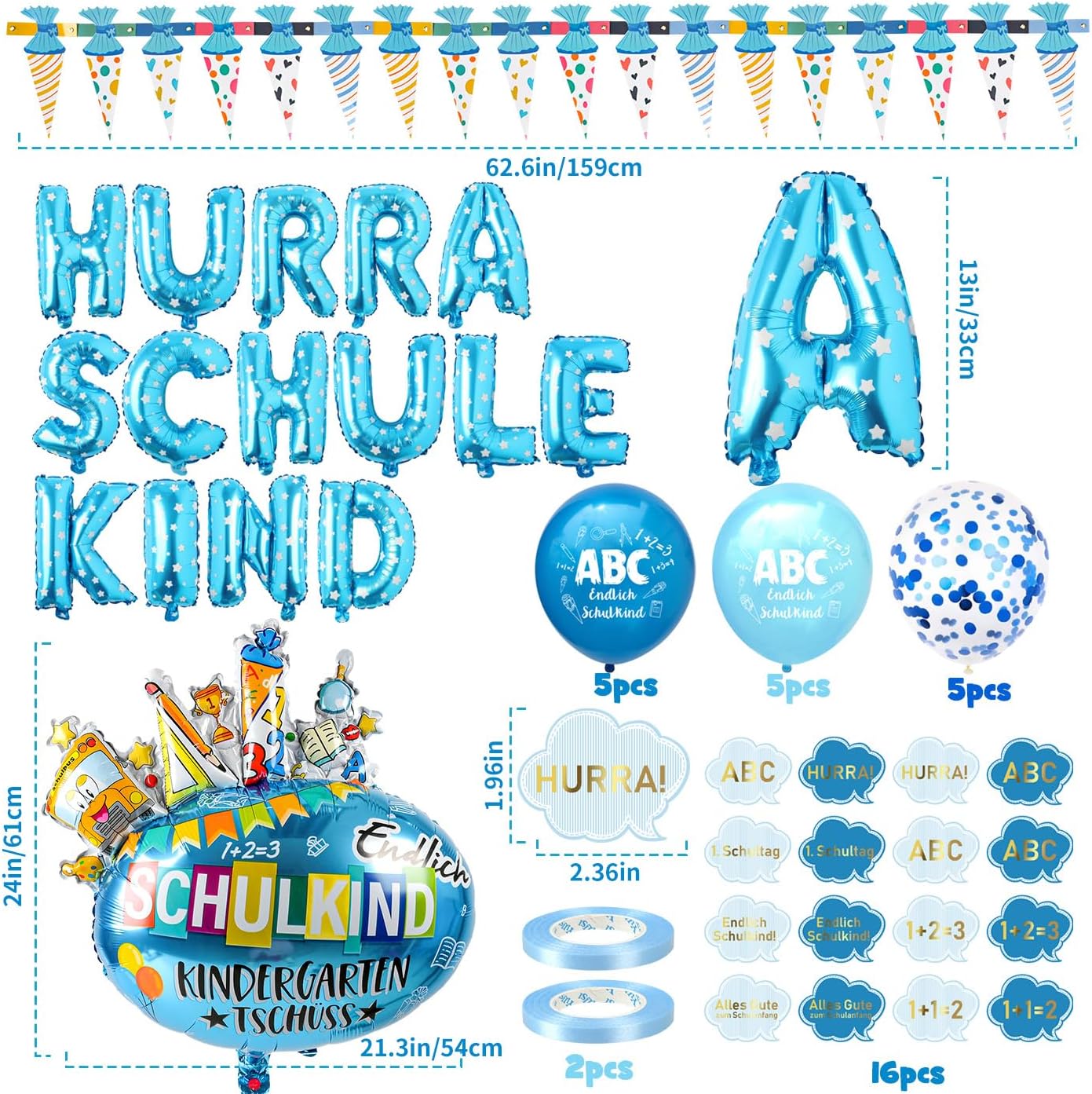 iZoeL Einschulung Deko Junge HURRA SCHULKIND Girlande + Zuckertüten Girlande + SCHULKIND Folienballon + 15 Luftballon + 14 Deko Konfetti Schulanfang Deko Einschulungsdeko