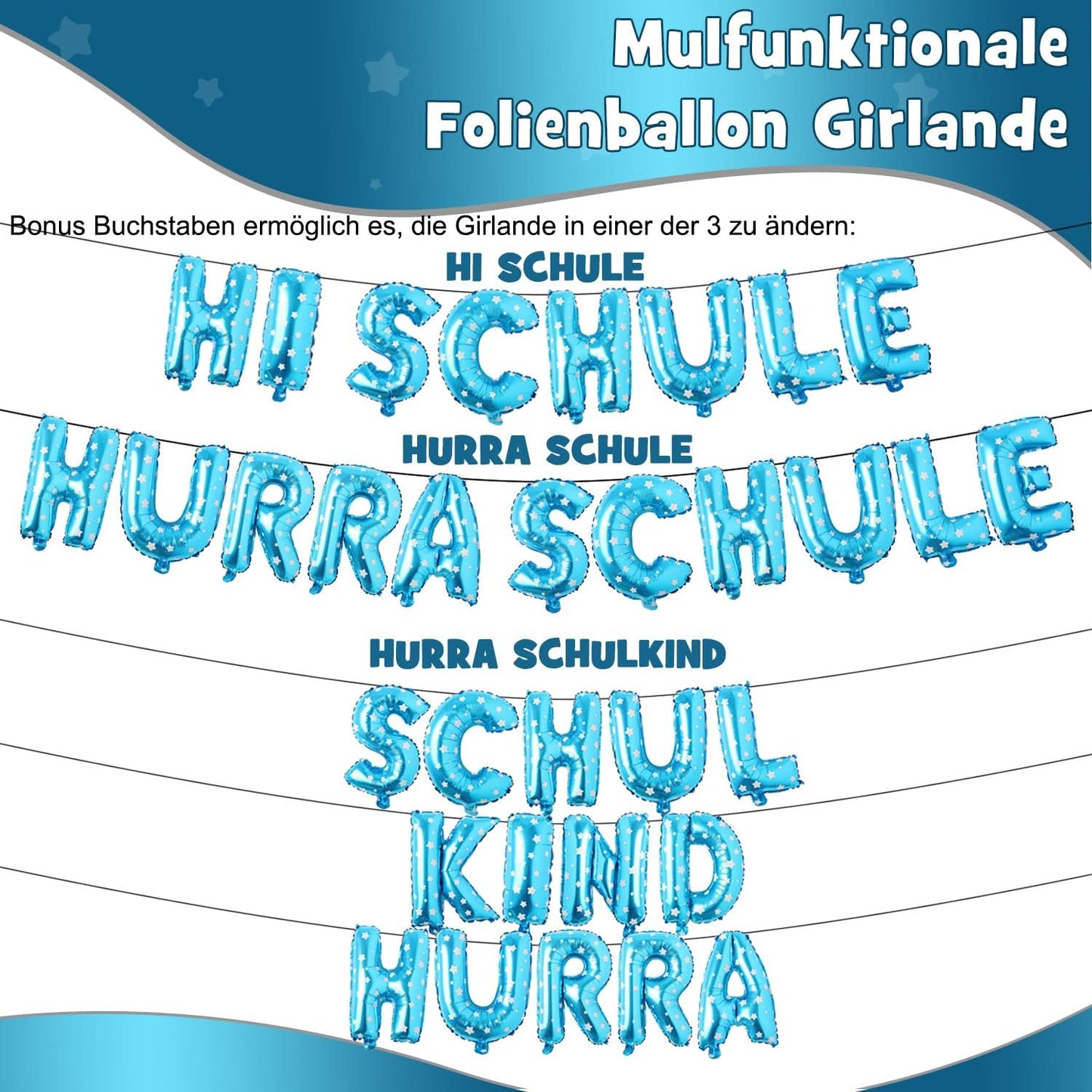 iZoeL Einschulung Deko Jungen Blau HURRA SCHULE Girlande + SCHULKIND Folienballon + 15 Schulanfang Luftballon + 14 Deko Konfetti Schuleinführung Einschulungsfeier Dekoration