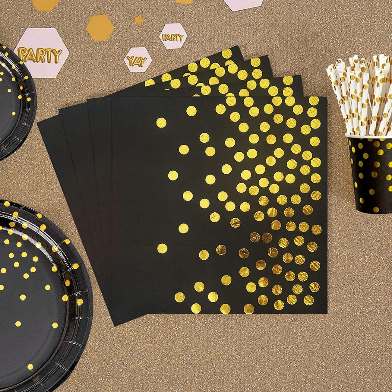 iZoeL Rosegold Partygeschirr Partydeko Pappteller Partybecher Servietten Strohhalme für 16 Gäste Girlande Tischdecke Vorhänge Luftballon für Geburtstag Hochzeit Party (Schwarz)