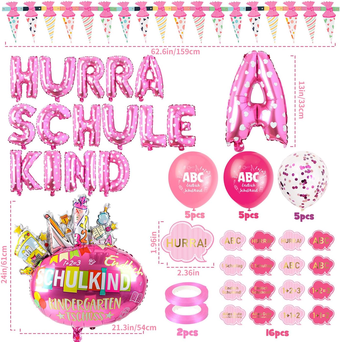 iZoeL SCHULKIND Deko Einschulung Mädchen, HURRA SCHULKIND Girlande + Zuckertüten Girlande + SCHULKIND Folienballon + 15 Luftballon + 16 Konfetti Schulanfang Schuleinführung Deko