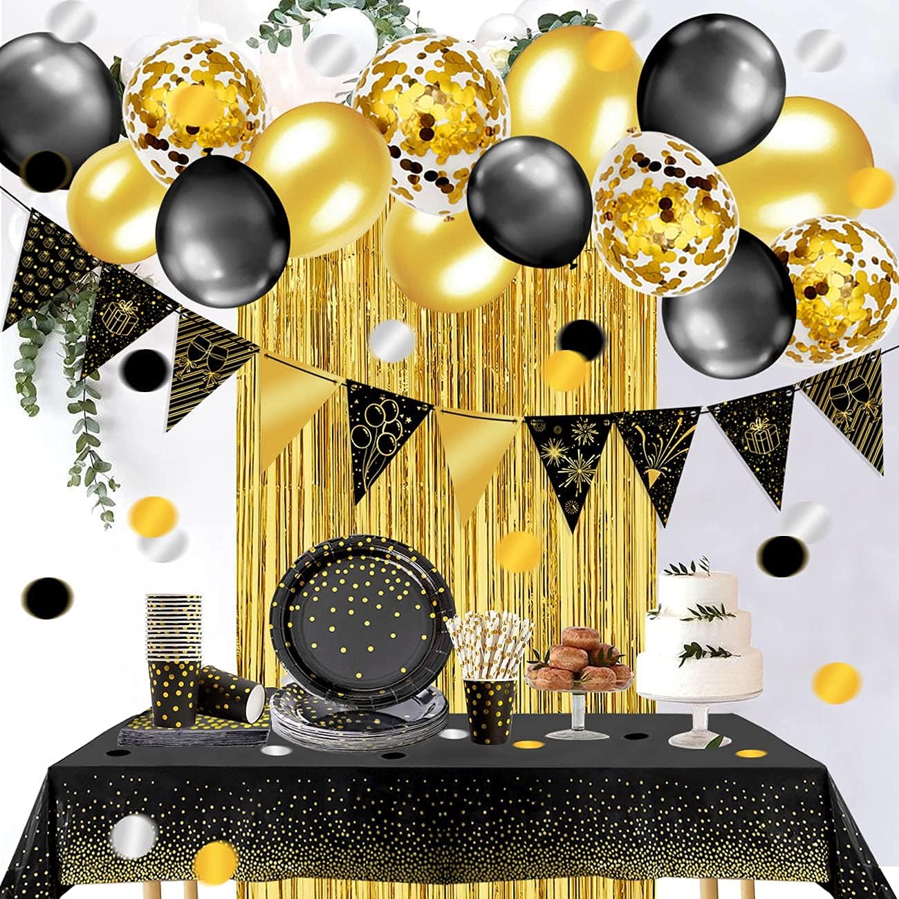 iZoeL Rosegold Partygeschirr Partydeko Pappteller Partybecher Servietten Strohhalme für 16 Gäste Girlande Tischdecke Vorhänge Luftballon für Geburtstag Hochzeit Party (Schwarz)