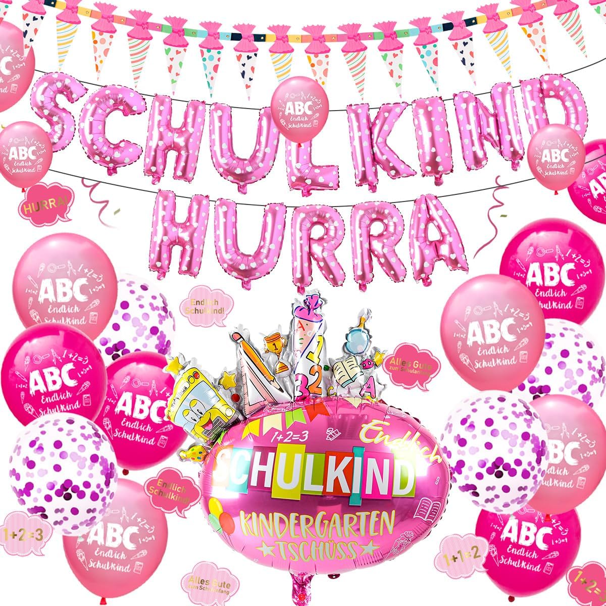 iZoeL SCHULKIND Deko Einschulung Mädchen, HURRA SCHULKIND Girlande + Zuckertüten Girlande + SCHULKIND Folienballon + 15 Luftballon + 16 Konfetti Schulanfang Schuleinführung Deko