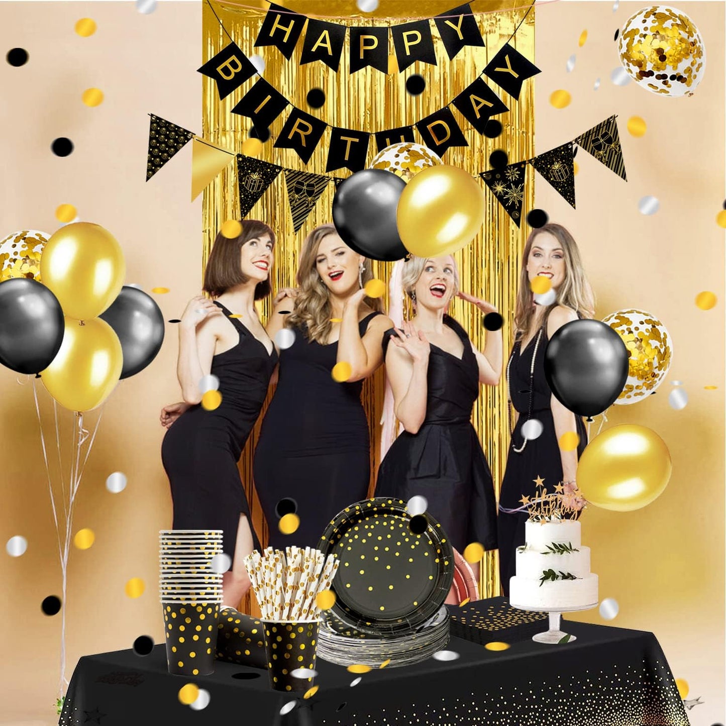 iZoeL Partydeko Set,Partygeschirre Happy Birthday Girlande Sterne Herz Folienballons Luftballons Tischdecke Vorhänge Pappteller Partybecher Servietten(Schwarzes Gold)