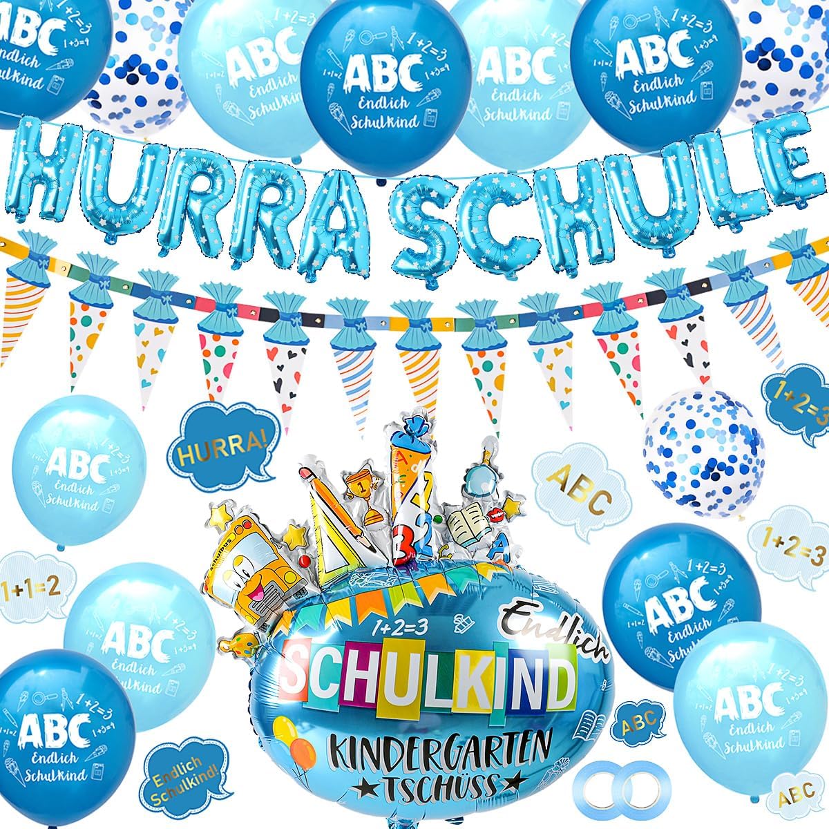 iZoeL Einschulung Deko Junge HURRA SCHULKIND Girlande + Zuckertüten Girlande + SCHULKIND Folienballon + 15 Luftballon + 14 Deko Konfetti Schulanfang Deko Einschulungsdeko