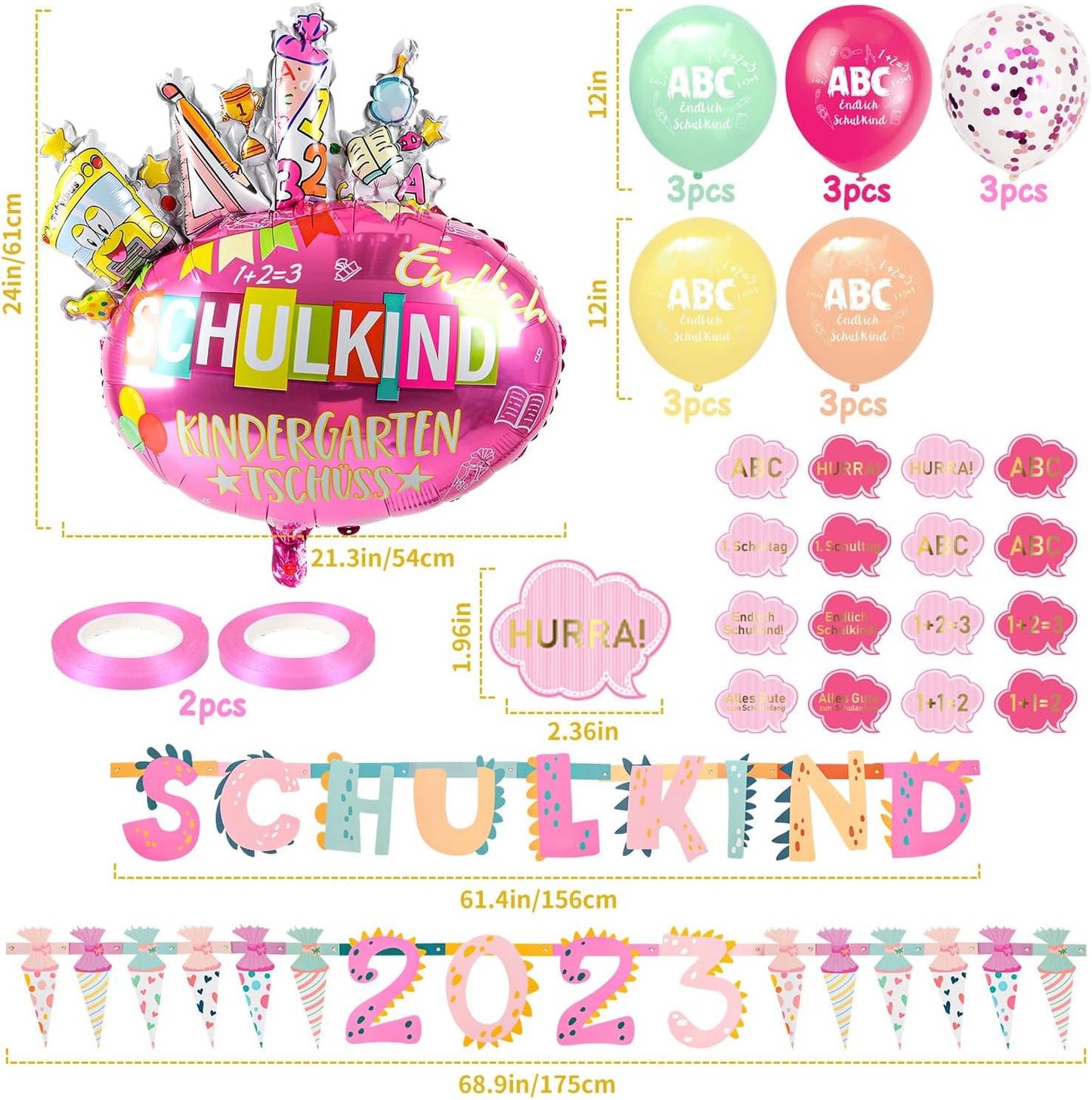 iZoeL SCHULKIND 2023 Deko Einschulung Mädchen, SCHULKIND Girlande + 2023 Zuckertüten Girlande + SCHULKIND Folienballon + 15 Luftballon + 16 Konfetti Schulanfang Schuleinführung Deko