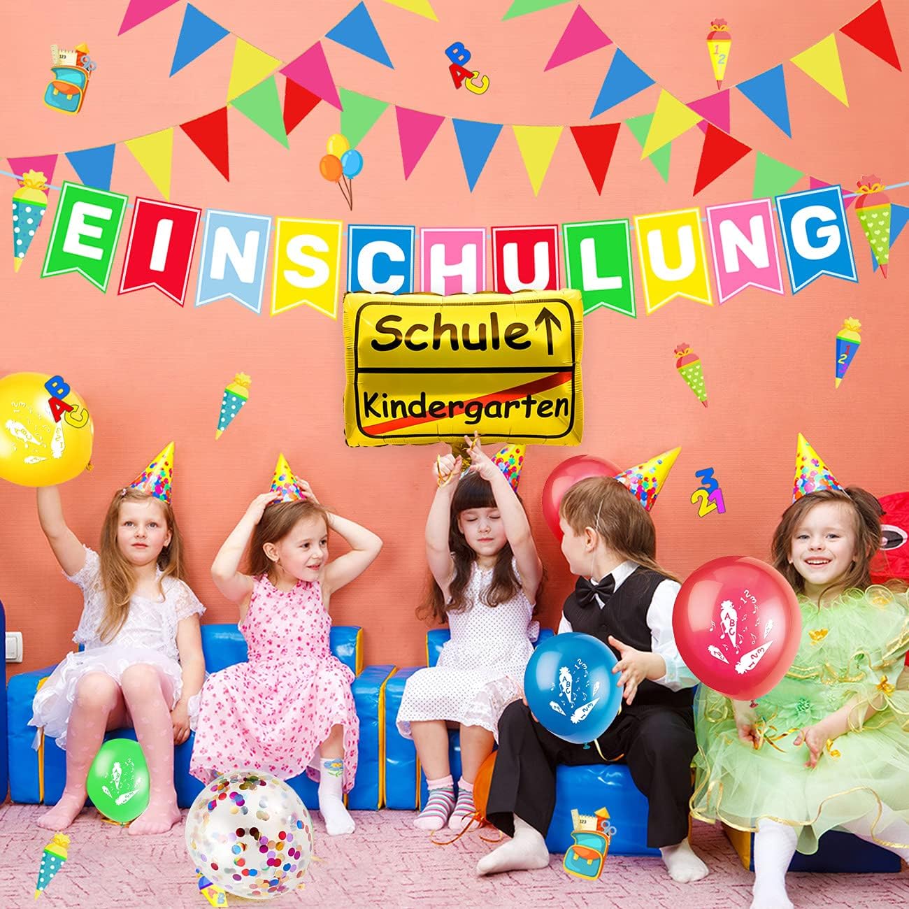 iZoeL Schulanfang Deko Jungen Mädchen, Einschulung Girlande Alles Gute Zum Schulanfang + 40m Wimpelkette + Einschulung Luftballon + Einschulung Konfetti + Folienballon