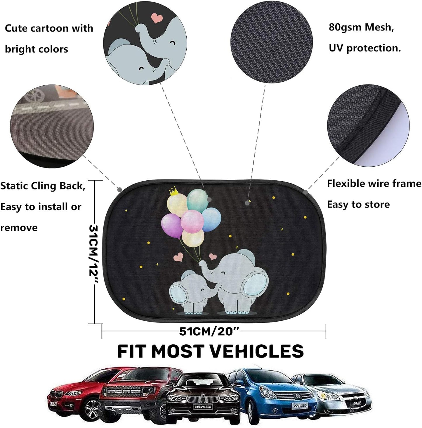 iZoeL Auto Sonnenschutz Kinder, Sonnenschutz Auto Baby, Auto Fenster Seitenscheibe Sonnenschutz Sonnenblende mit UV Schutz(Schwarz Elefant