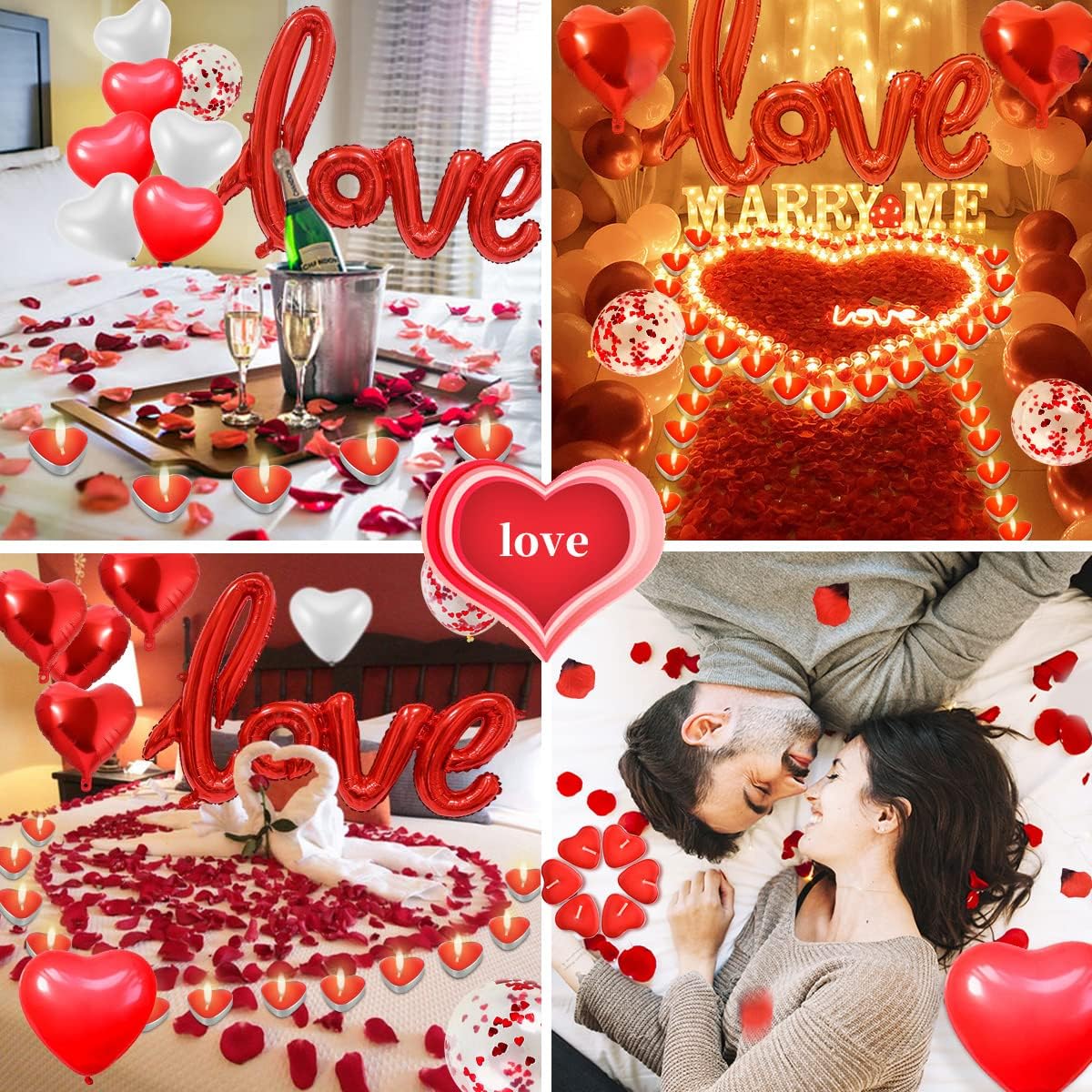 iZoeL Valentinstag Deko 50 Herz Teelichte 16 Herze Luftballon Love Folienballon 1000 Rosenblätter Romantische Tisch Deko für Geburtstag Vorschlag Hochzeit Verlobung