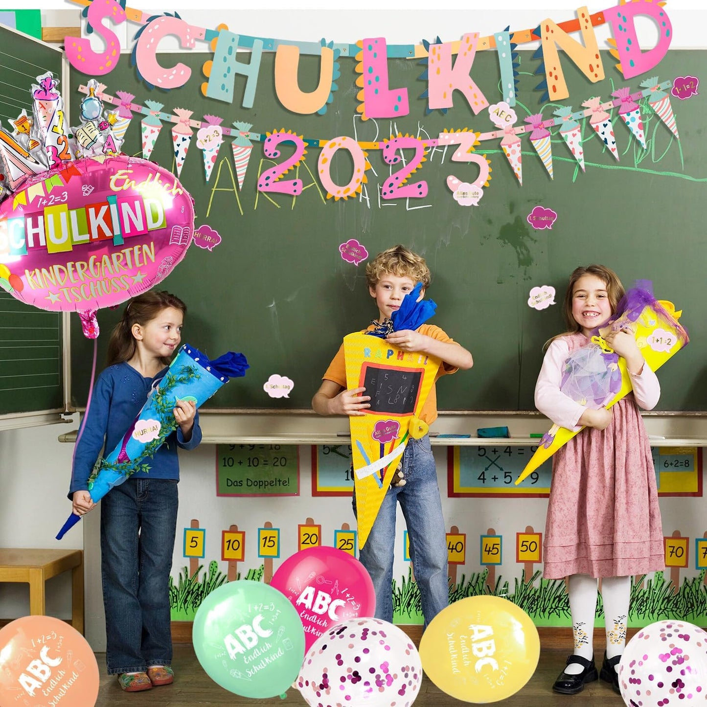iZoeL SCHULKIND 2023 Deko Einschulung Mädchen, SCHULKIND Girlande + 2023 Zuckertüten Girlande + SCHULKIND Folienballon + 15 Luftballon + 16 Konfetti Schulanfang Schuleinführung Deko