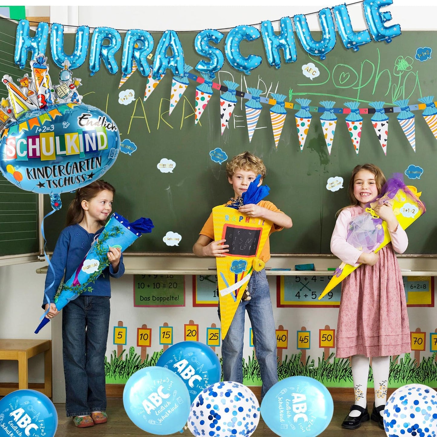 iZoeL Einschulung Deko Junge HURRA SCHULKIND Girlande + Zuckertüten Girlande + SCHULKIND Folienballon + 15 Luftballon + 14 Deko Konfetti Schulanfang Deko Einschulungsdeko