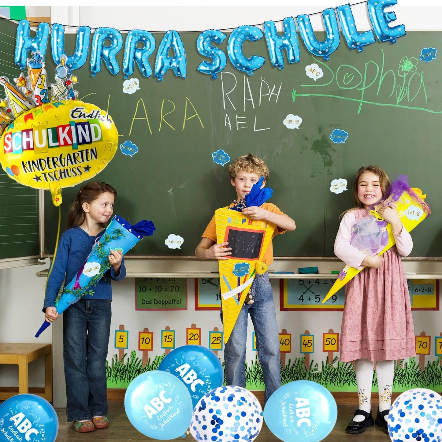 iZoeL Einschulung Deko Jungen Blau HURRA SCHULE Girlande + SCHULKIND Folienballon + 15 Schulanfang Luftballon + 14 Deko Konfetti Schuleinführung Einschulungsfeier Dekoration