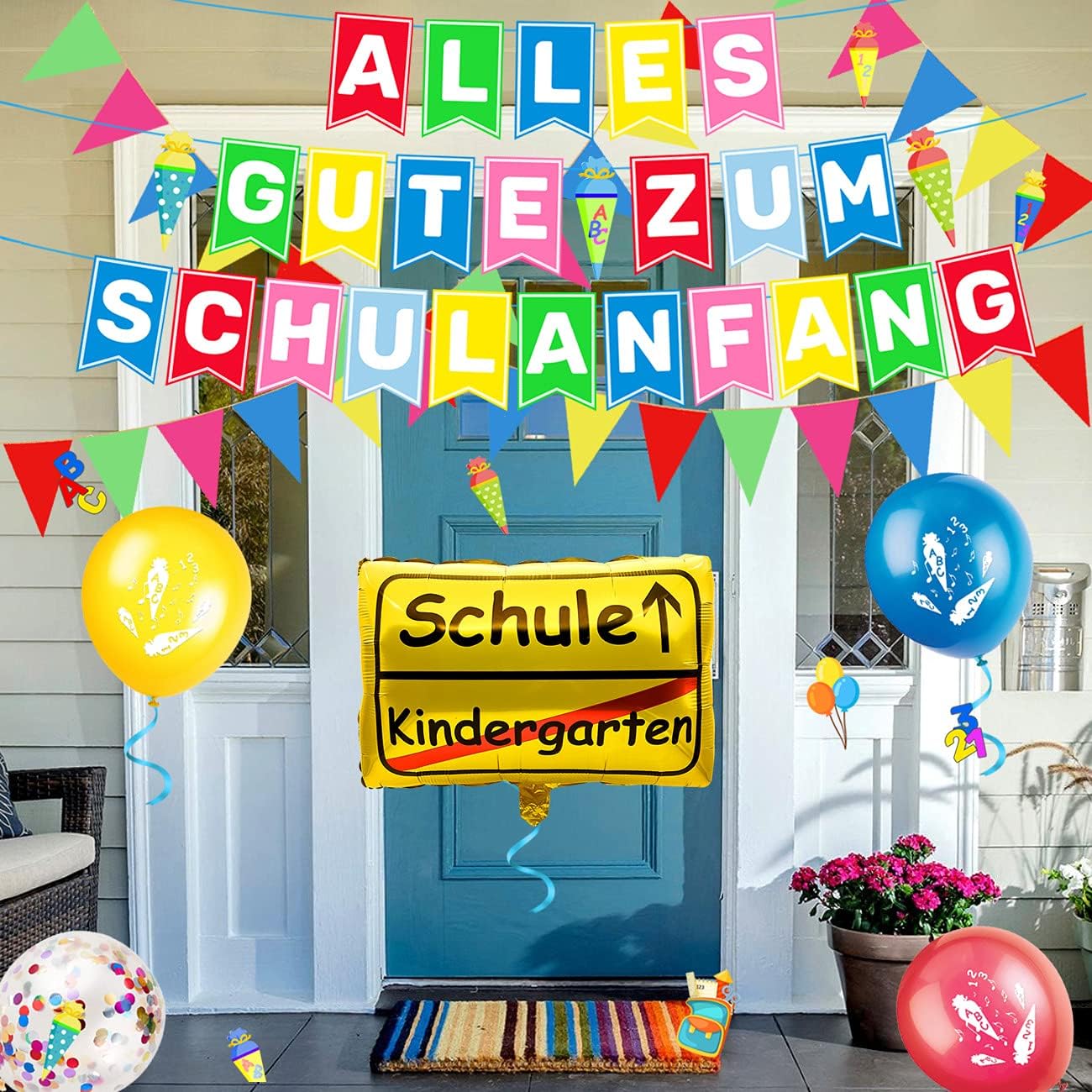 iZoeL Schulanfang Deko Jungen Mädchen, Einschulung Girlande Alles Gute Zum Schulanfang + 40m Wimpelkette + Einschulung Luftballon + Einschulung Konfetti + Folienballon
