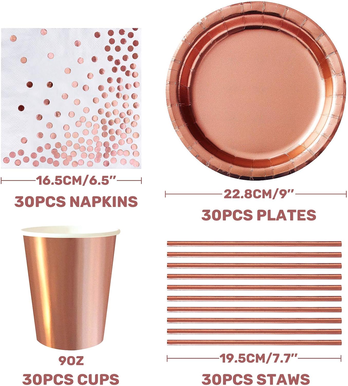 iZoeL 120 STK Rosegold Partygeschirr Set Pappteller Servietten Partybecher Papier Strohhalme je 30Stück für Geburtstag Hochzeit Party Tafeldeko