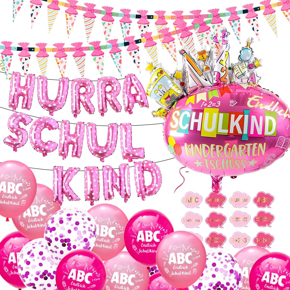 iZoeL SCHULKIND Deko Einschulung Mädchen, HURRA SCHULKIND Girlande + Zuckertüten Girlande + SCHULKIND Folienballon + 15 Luftballon + 16 Konfetti Schulanfang Schuleinführung Deko