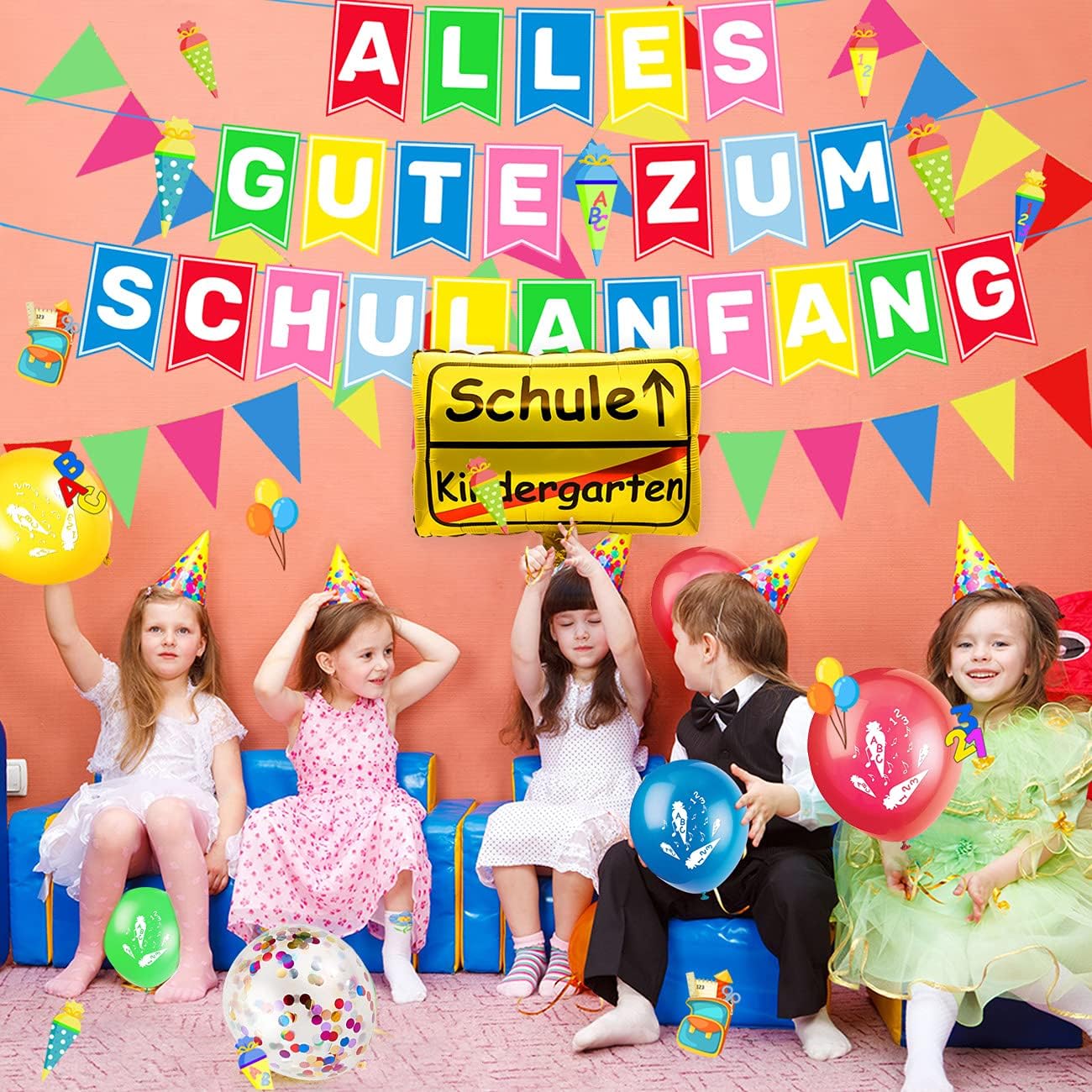 iZoeL Schulanfang Deko Jungen Mädchen, Einschulung Girlande Alles Gute Zum Schulanfang + 40m Wimpelkette + Einschulung Luftballon + Einschulung Konfetti + Folienballon