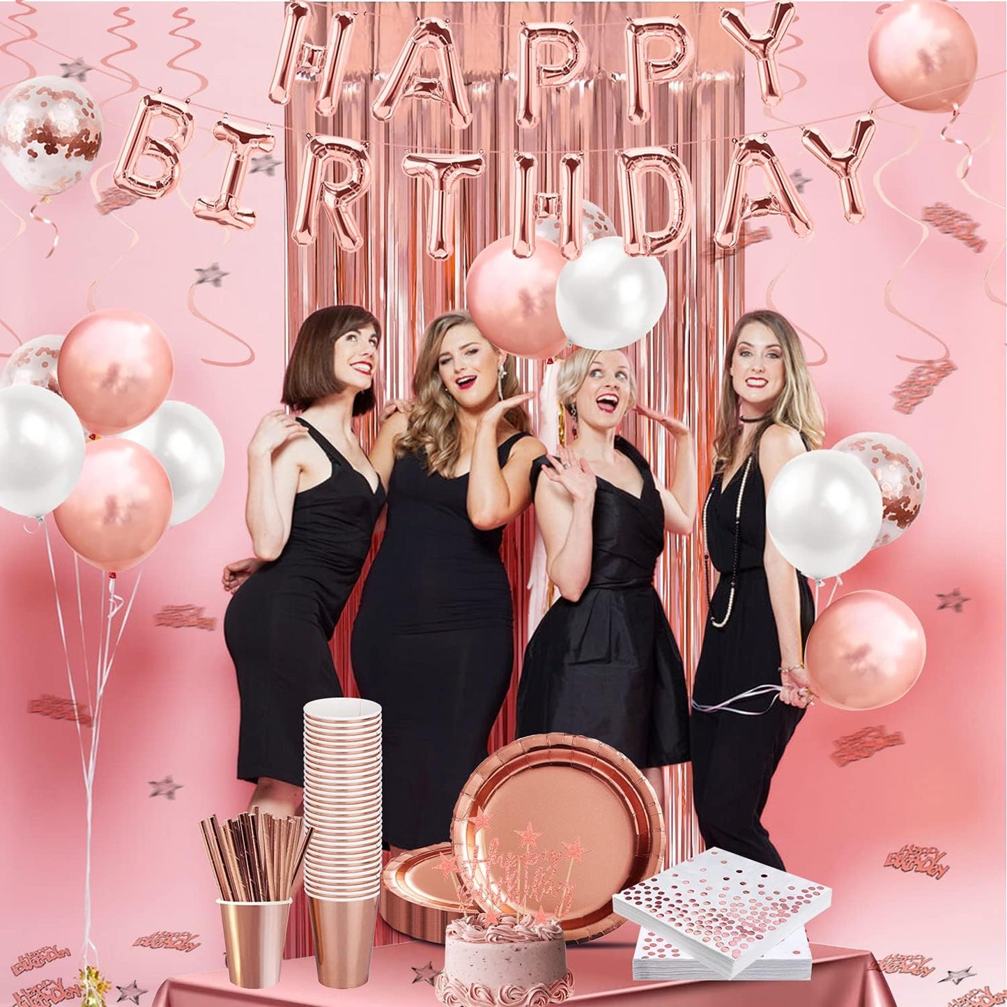iZoeL Partydeko Set,Partygeschirre Happy Birthday Girlande Sterne Herz Folienballons Luftballons Tischdecke Vorhänge Pappteller Partybecher Servietten(Rosegold)
