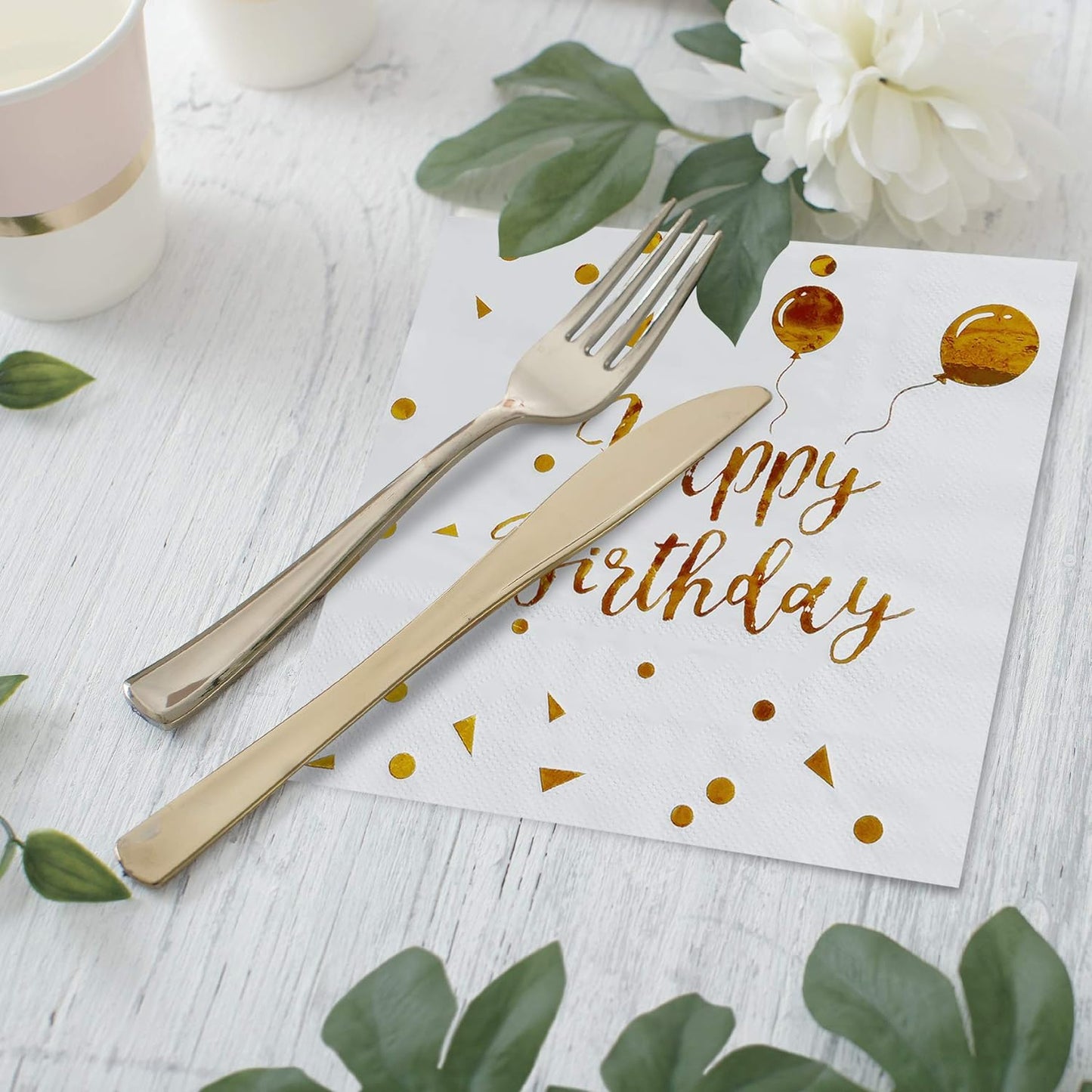 iZoeL 50Stk Geburtstag Servietten Gold Happy Birthday Servietten 33x33cm 3-lagig Pink Papierservietten für Mann Frau Mädchen Party Deko (Rose Gold Happy Birthday) (Weiß+Gold HB)