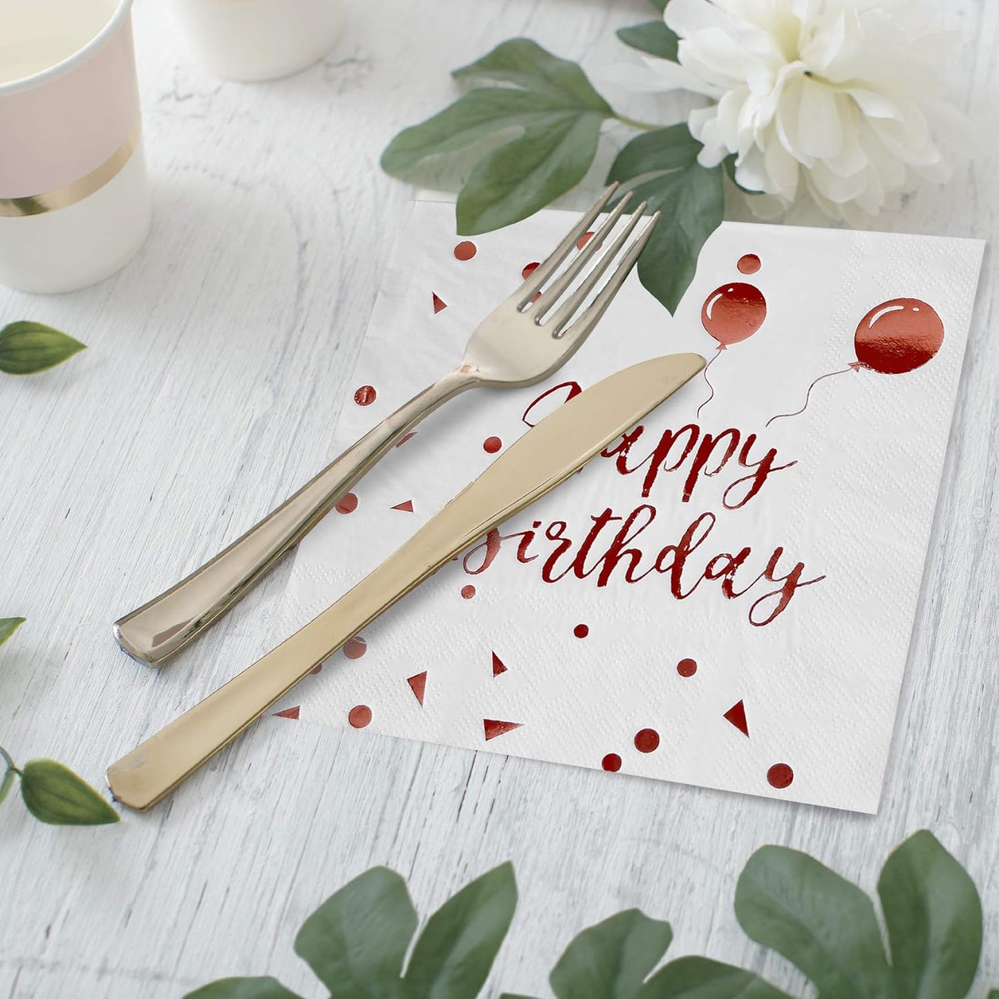 iZoeL 50Stk Geburtstag Servietten Gold Happy Birthday Servietten 33x33cm 3-lagig Pink Papierservietten für Mann Frau Mädchen Party Deko (Rose Gold Happy Birthday) (Weiß+Rosegold HB)