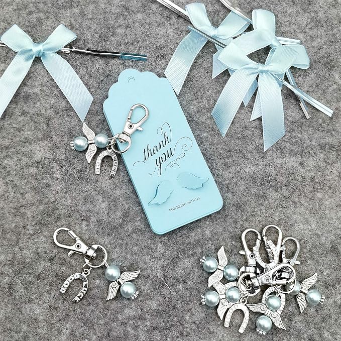 iZoel Dankeschön-Geschenk, blauer Engel, Schlüsselanhänger mit Schleifen und Engelsflügel, Dankeschön-Anhänger, Gastgeschenke für Babyparty, Brautparty, Hochzeitsanhänger, Partygeschenke 20 Stück