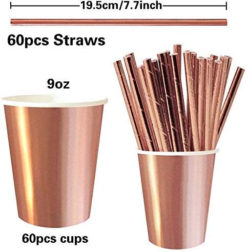 iZoeL 120pcs Rose Gold Paper Cups Rose Gold Straws Drinking, including 60pcs Party Cups 60pcs Party Straws for Birthday Wedding Hen Party Decoration - 60 Guests Party Tableware Set