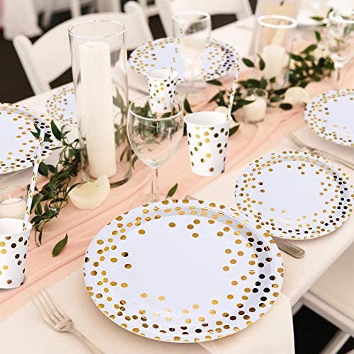 iZoeL 60 Guests Gold Party Tableware Paper Dinnerware Gold Dot Plates Cups Straws Napkins for Birthday Party Baby Shower Bridal Wedding Anniversary