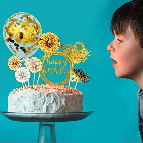 iZoeL Gold Birthday Cake Decoration Happy Birthday Cake Topper Paper Fans Banner Confetti Balloon Fireworks Golden Cupcake Topper for Gold Theme Party Decor Girl Boy Kid Women Man (Gold)