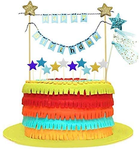 iZoeL Blue Cake Decorations, Happy Birthday Cake Topper Blue Gold Star Cupcake Topper for Boy Girl Kid Birthday Baby Shower Party Decoration (blue)