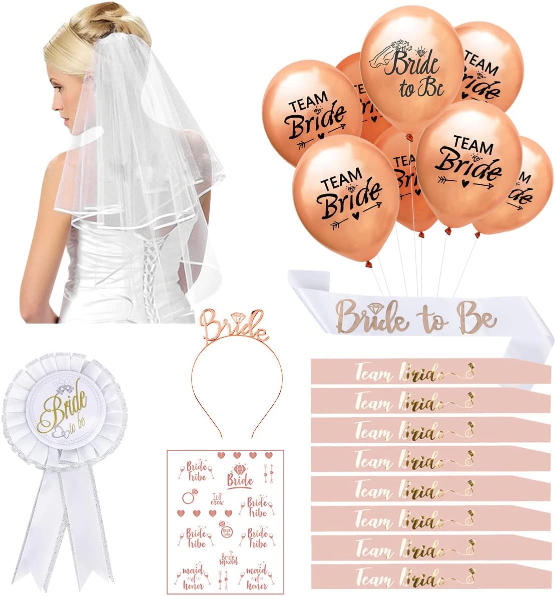 iZoeL Hen Party Accessories,Bride to Be Veil,Bride Headband Tiara, 9 Bride Sash, Tattoos Team Bride 492-2