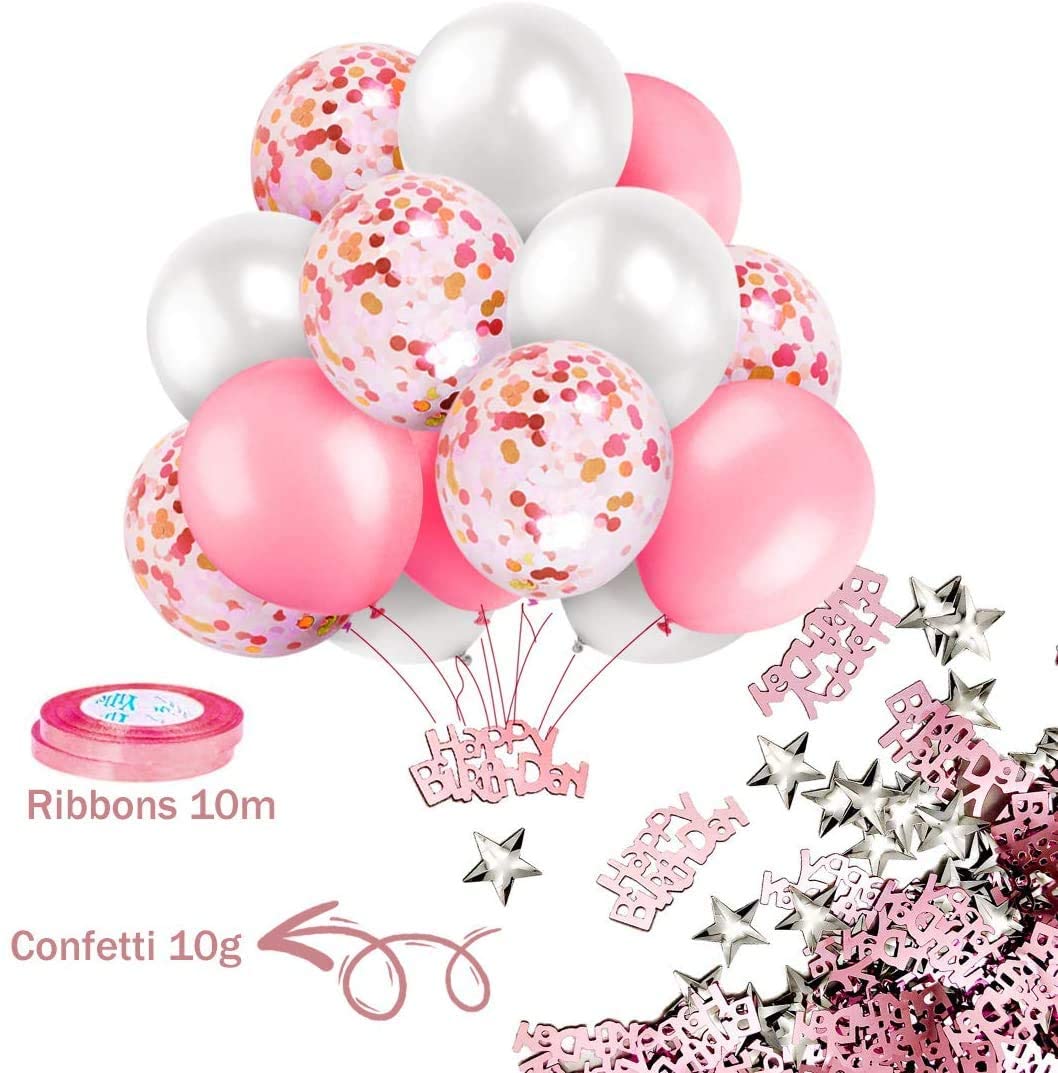 iZoeL Pink Birthday Party Decoration Happy Birthday Banner Pink Fringe Curtain, Foil Tablecloth, Heart Star Foil Confetti Balloons and 10g Table Confetti for Girl Women Birthday Party