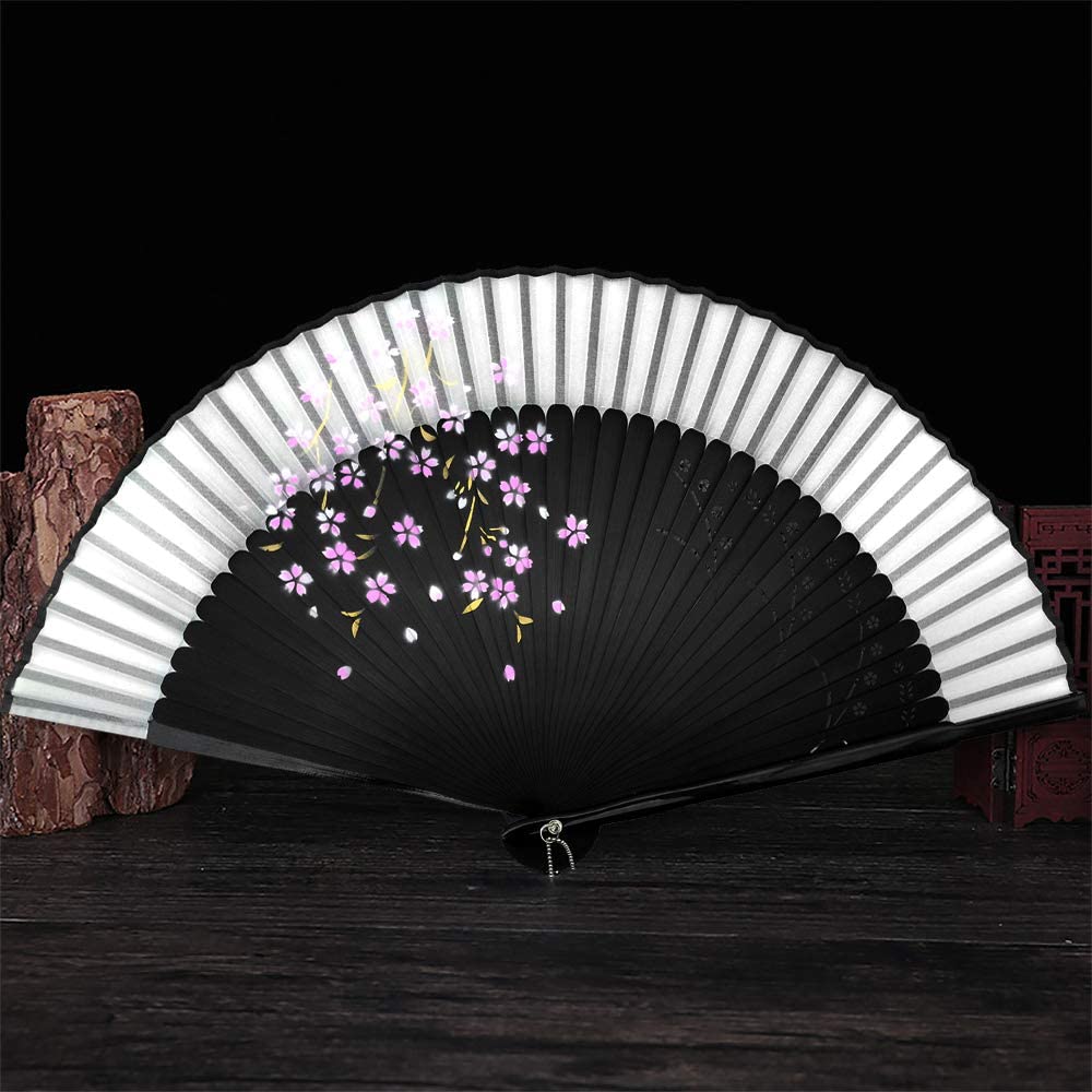 iZoeL Hand Bamboo Fan Handheld Folding Portable Fans, Black Fabric Cherry Fan with High-end Gift Bag, Cherry Pattern Hand Held Pocket Chinese Fan Idea Wedding Birthday Gift for Man Women