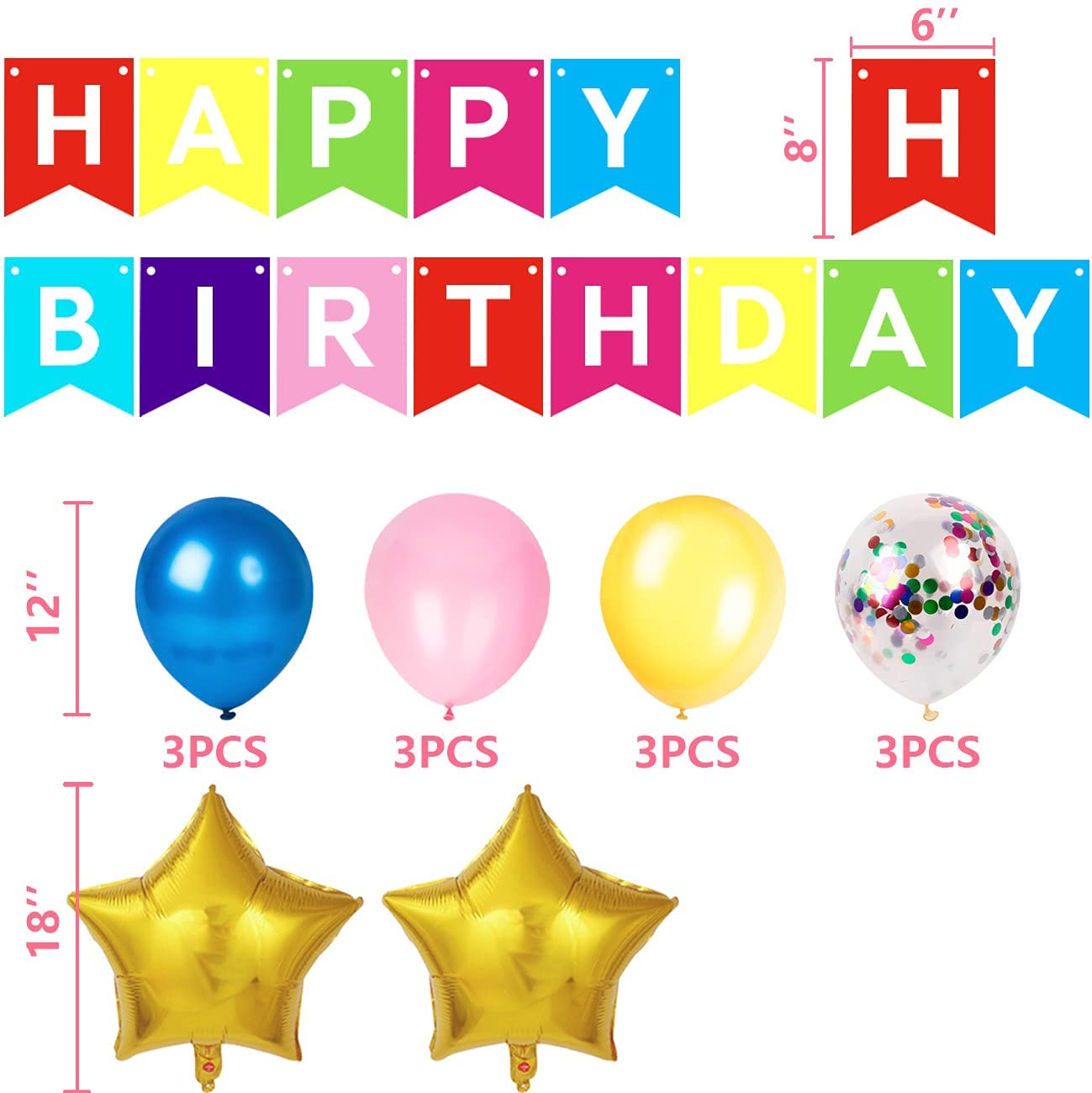 iZoeL Birthday Decoration for Girls, Happy Birthday Banner, Confetti Balloons, Big Star Balloons, for Women Her Birthday Party Supplies Baby Shower