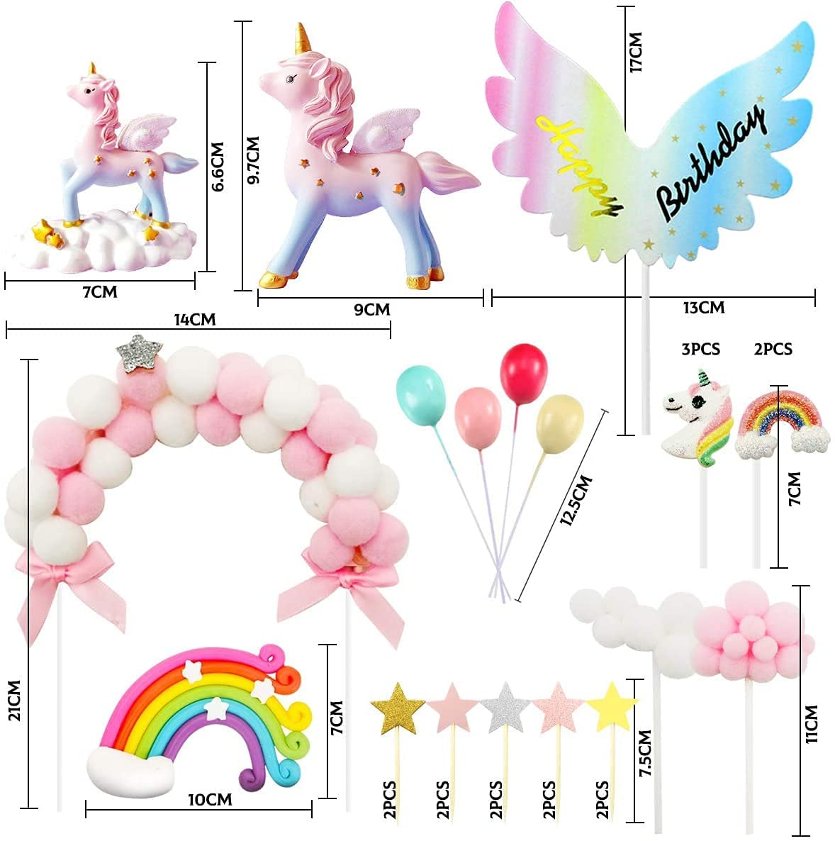 iZoeL Unicorn Cake Topper, Birthday Cake Decoration, 1 Pink Hairball Arch 1 Rainbow 1Happy Birthday Banner 2 Clouds 4 Balloons 10 Stars 3 Little Unicorns For Girl Kid Women Birthday Party