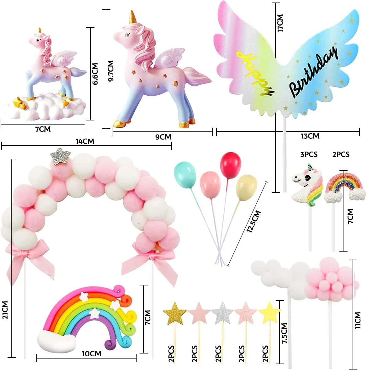 iZoeL Unicorn Cake Topper, Birthday Cake Decoration, 1 Pink Hairball Arch 1 Rainbow 1Happy Birthday Banner 2 Clouds 4 Balloons 10 Stars 3 Little Unicorns For Girl Kid Women Birthday Party