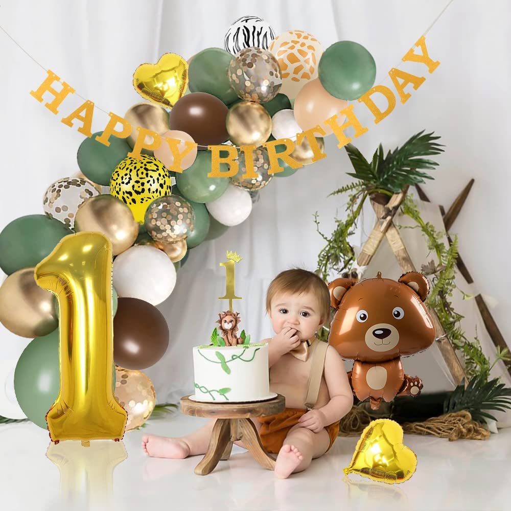 iZoeL 1st Birthday Decorations for Baby Girls Boys 1st Birthday Banner Balloons, Sage Green Balloon Arch Kit, Giraffe Bear Balloons Wild Tablecloth 1st Cake Topper Wild One Animal Birthday Party
